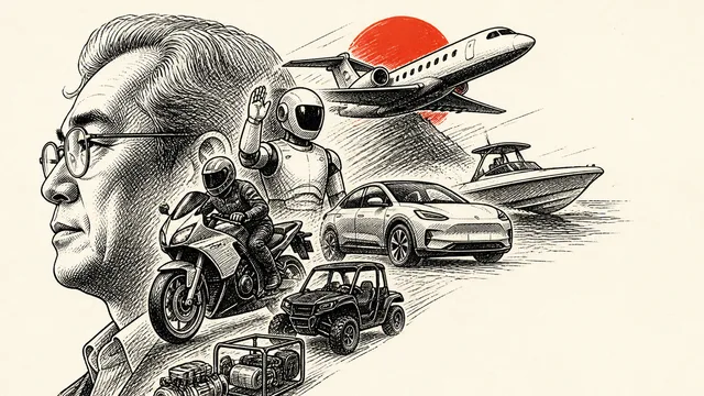 Honda logo centered on red background with motorcycle, car, and robot, displaying brand diversity across vehicles and…