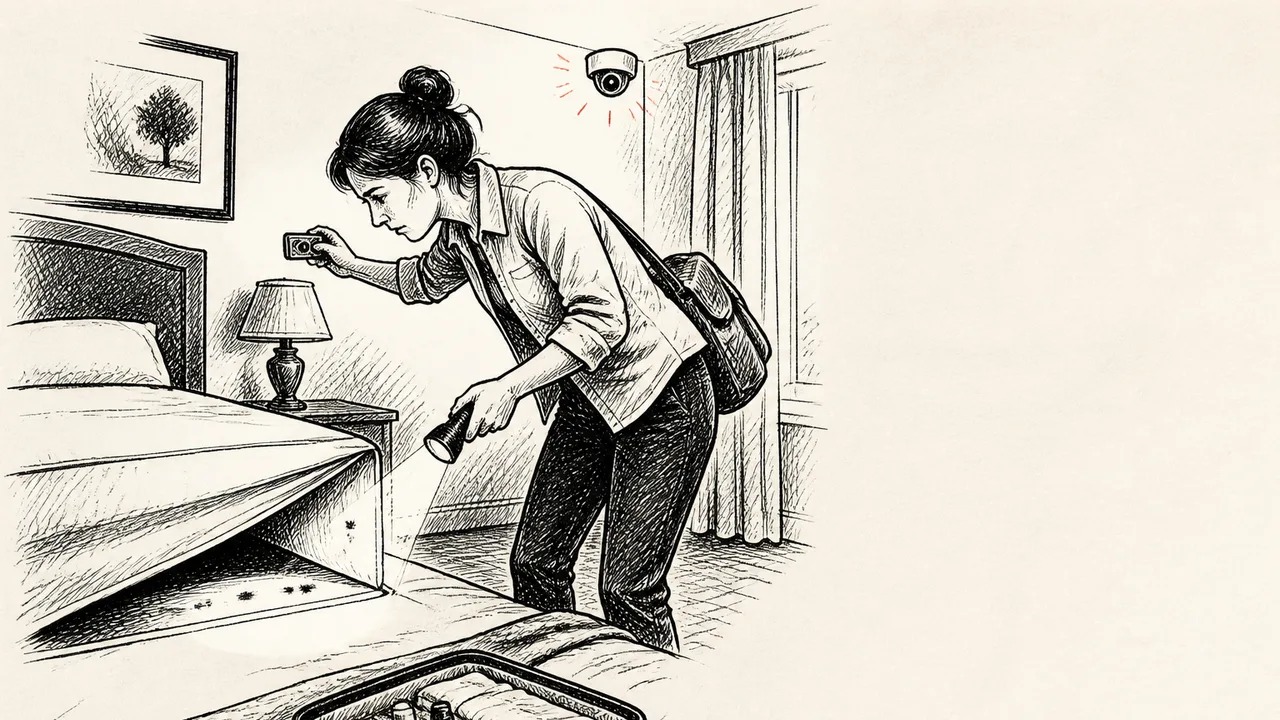 Woman in green shirt holding wrapped remote control, pointing to hotel room items including kettle, door lock, and bed with…