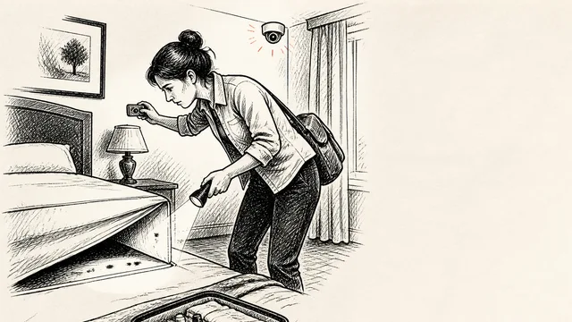 Woman in green shirt holding wrapped remote control, pointing to hotel room items including kettle, door lock, and bed with…