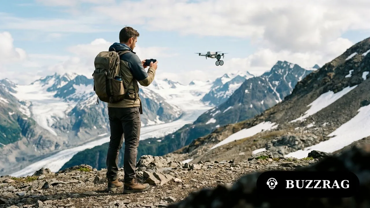 Man in orange vest holds compact drones against snowy mountain landscape backdrop