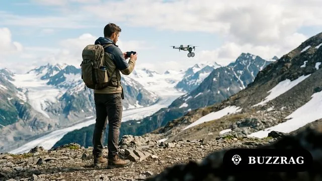 Man in orange vest holds compact drones against snowy mountain landscape backdrop