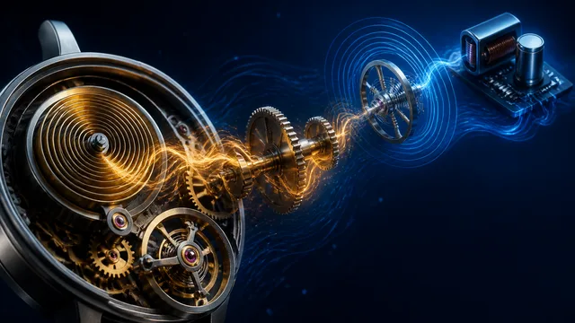 Close-up of a polished metal watch balance wheel with blue jewel center held by pink fingers against wooden background,…