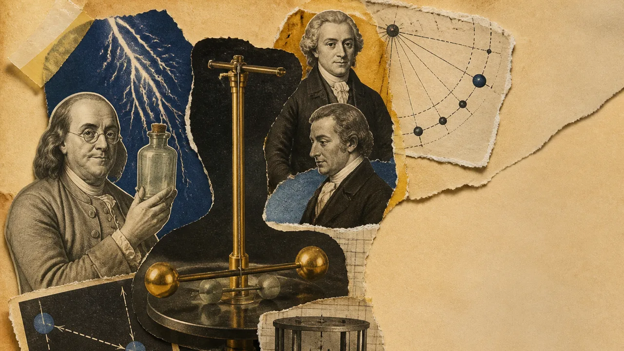 Portraits of two historical scientists flank electric field lines between two +q charges beneath “INVERSE SQUARE LAW?”
