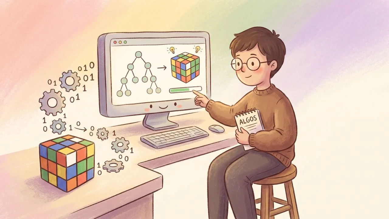 Colorful Rubik's cube surrounded by digital code numbers on black background with "Coding Adventure" and "Rubik's Cube" text