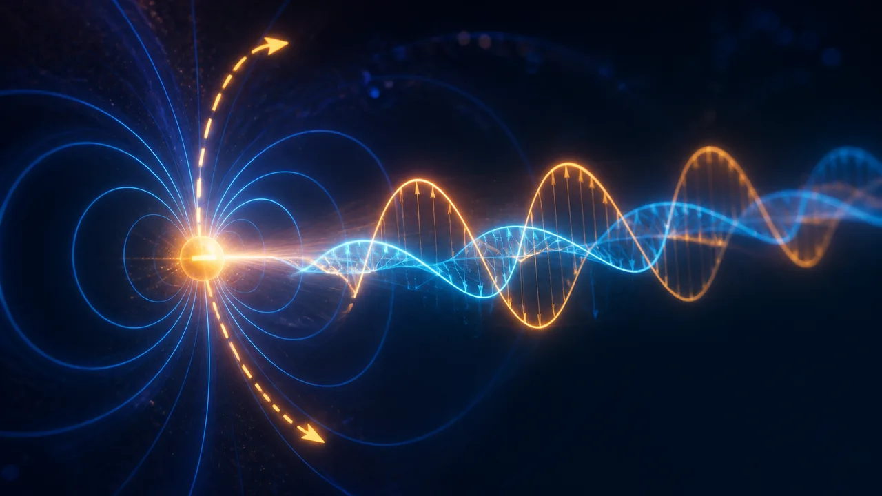 A hand holds a glowing object emitting blue concentric waves against a black background, with "Why?" text above