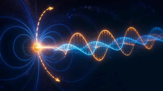 A hand holds a glowing object emitting blue concentric waves against a black background, with "Why?" text above