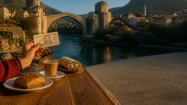 A man with a beard stands beside a scenic photograph of Mostar's famous bridge and historic town with turquoise river…