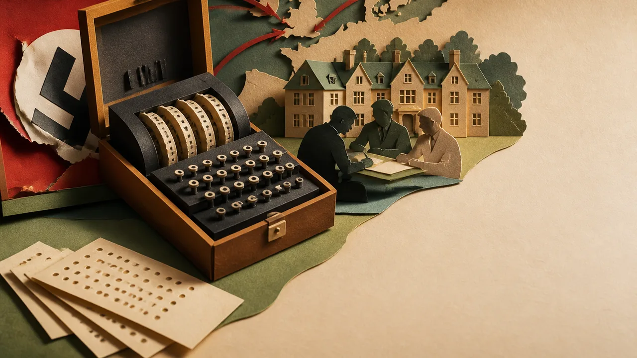 A vintage Enigma machine is displayed next to bold text reading "ENIGMA HITLER'S CODE" with an "EPIC HISTORY" logo on a…