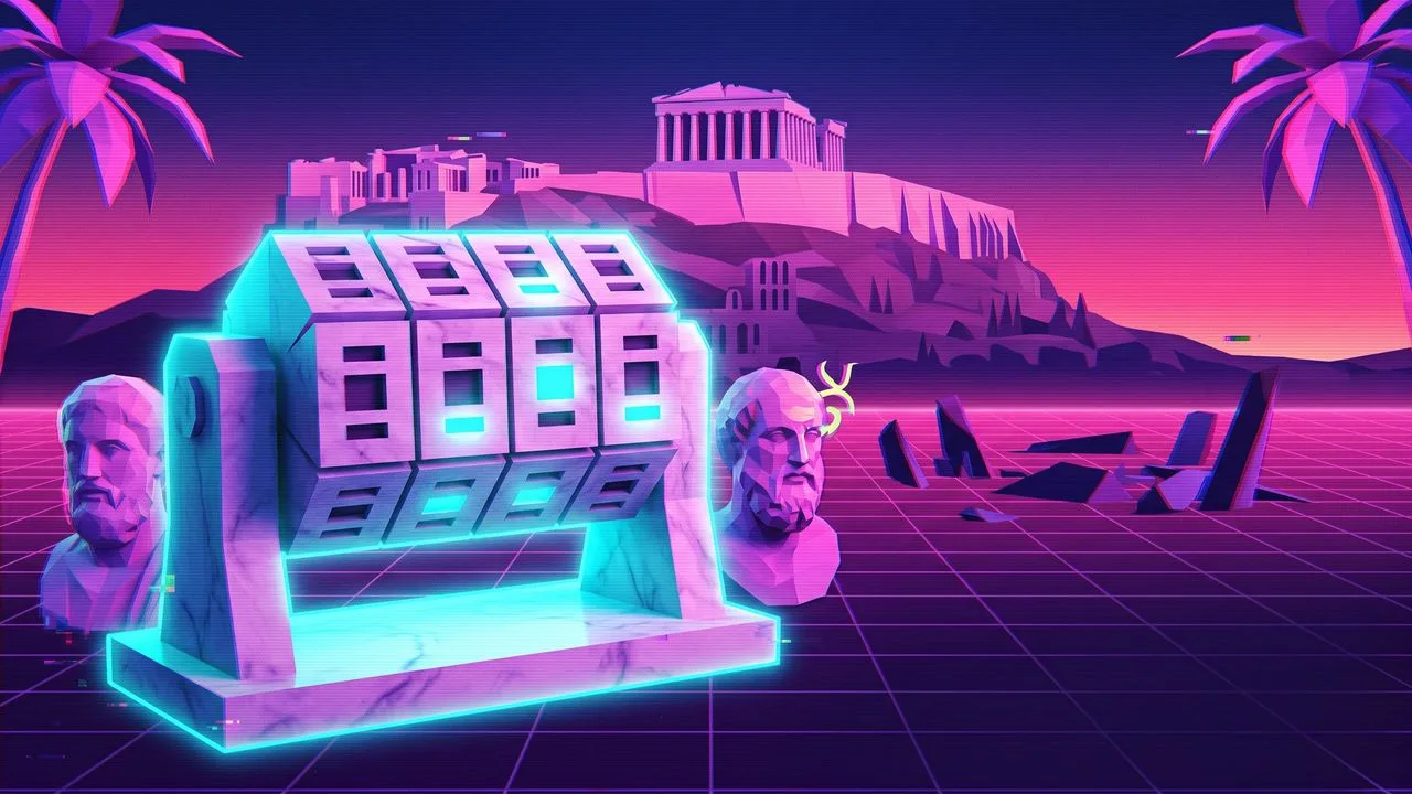 The Parthenon illuminated at dusk overlooking Athens, with mountains and city lights visible in the background.