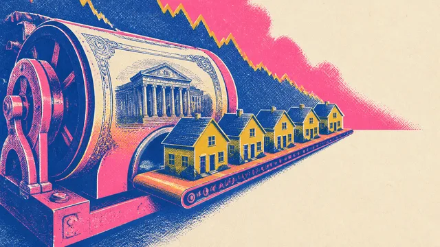 A salesman presents a bond certificate while icons show bonds' influence over mortgages, savings, banks, stocks, money, and…