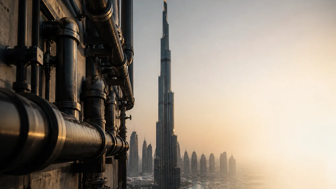 Industrial pump with glowing blue pipes against Burj Khalifa skyscraper under clear blue sky, text reads "NOT JUST A PUMP