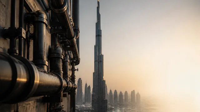 Industrial pump with glowing blue pipes against Burj Khalifa skyscraper under clear blue sky, text reads "NOT JUST A PUMP