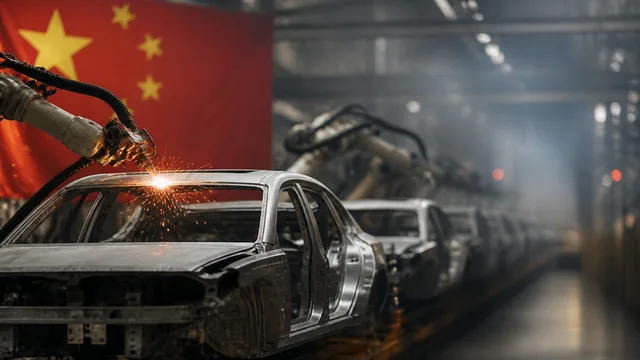 Chart comparing operating margins of Chinese EV makers versus Western automakers, with logos and vehicles displayed against…