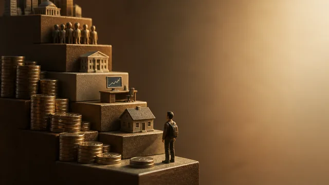 Businessman in office chair overlooking progression chart showing investment milestones from $100 cash to luxury assets…