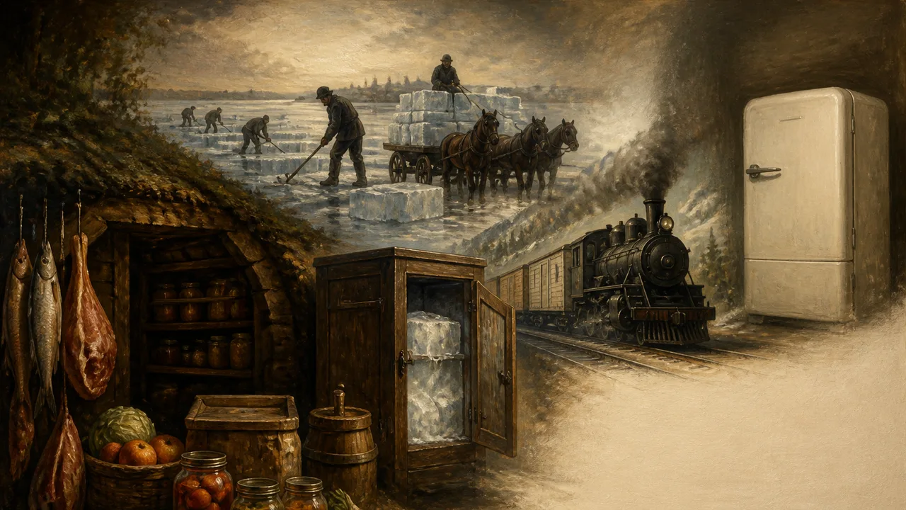 Historic ice harvesting, an open icebox with a child, and a Thomas Jefferson portrait; text asks how food stayed fresh