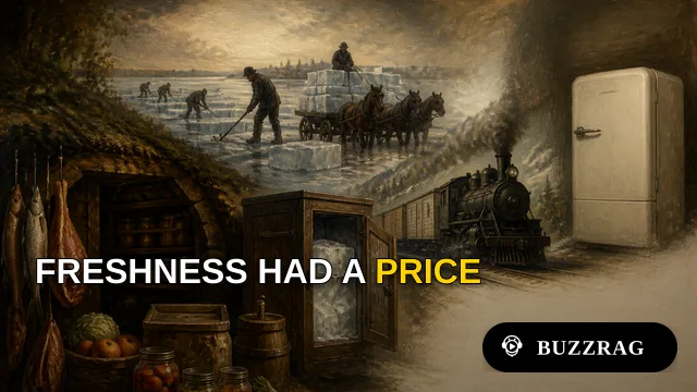 Historic ice harvesting, an open icebox with a child, and a Thomas Jefferson portrait; text asks how food stayed fresh