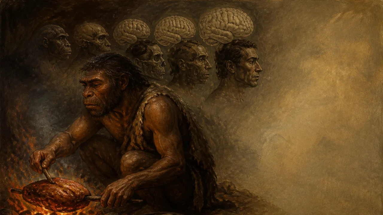 Cartoon character with wide eyes holding raw meat and a cooking tool next to a campfire, illustrating humanity's discovery…