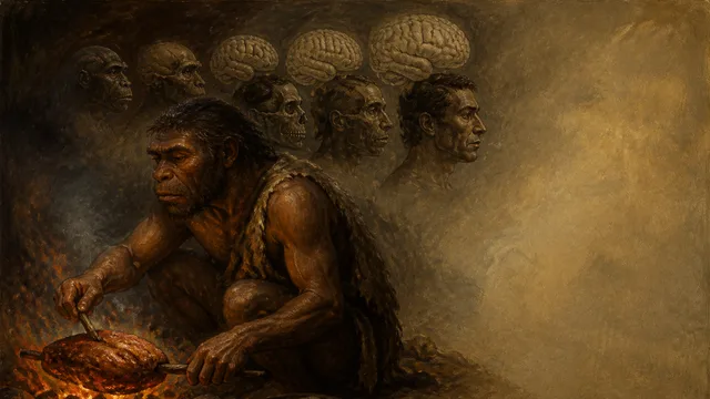 Cartoon character with wide eyes holding raw meat and a cooking tool next to a campfire, illustrating humanity's discovery…