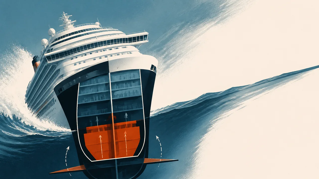 A massive cruise ship surrounded by large waves with a red arrow pointing to a cross-section diagram of its stabilization…