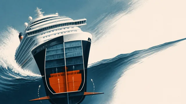 A massive cruise ship surrounded by large waves with a red arrow pointing to a cross-section diagram of its stabilization…