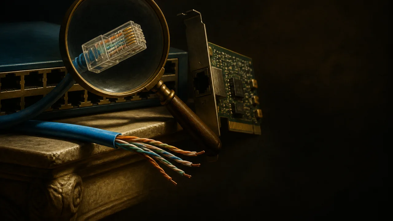 Man explaining Ethernet using Russian nesting dolls labeled with network layers, with an Ethernet cable connector visible…