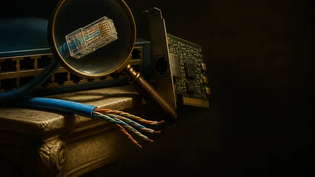 Man explaining Ethernet using Russian nesting dolls labeled with network layers, with an Ethernet cable connector visible…