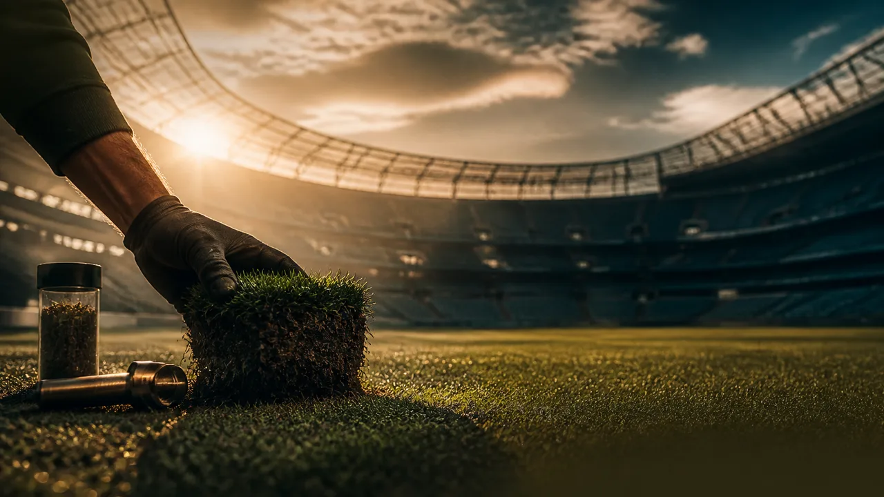 Workers handle a massive rolled sod with thick green moss and algae coating, demonstrating specialized turf maintenance for…