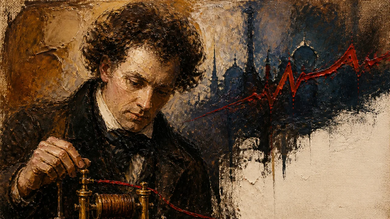 Historical portrait of a man in formal 19th-century attire next to "Ohm's Law" text with a waveform graphic