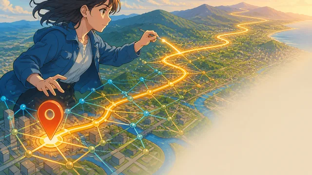 Glowing digital map with bright blue pathways and a white arrow pointing right, overlaid with text "We simulated it