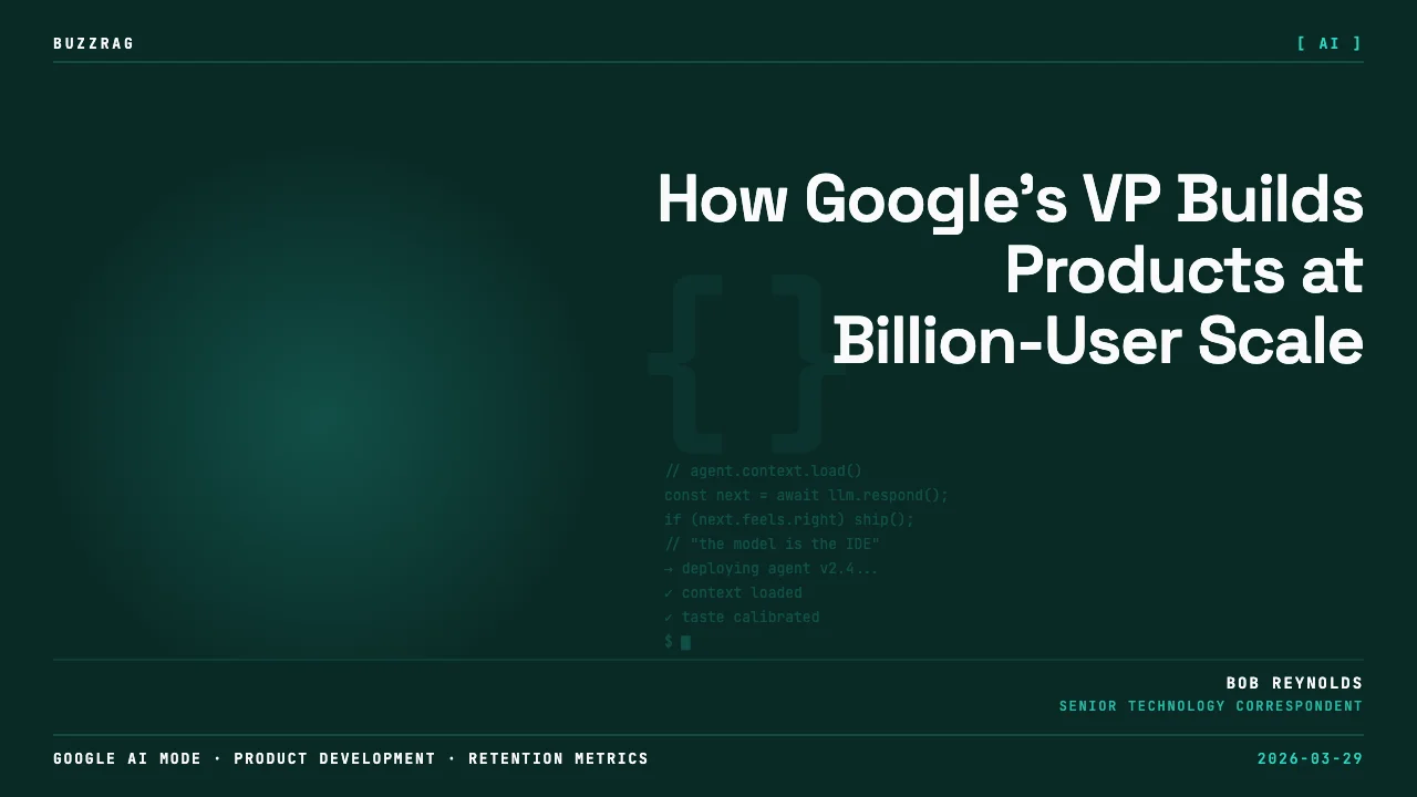 Man in light blue shirt gesturing while speaking against blue background with Google logo and AI search icon, with text…