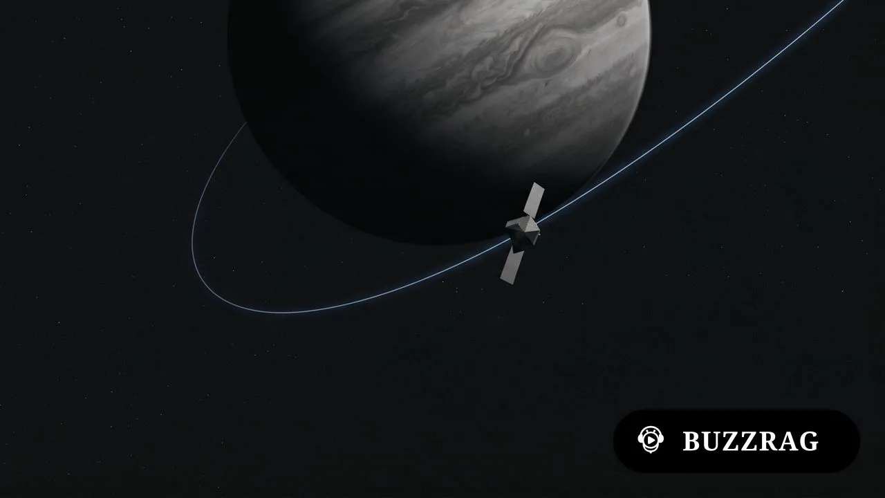 A spacecraft uses a red curved arrow to demonstrate gravitational slingshot trajectory toward Jupiter against a starfield…