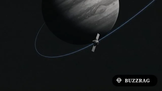 A spacecraft uses a red curved arrow to demonstrate gravitational slingshot trajectory toward Jupiter against a starfield…