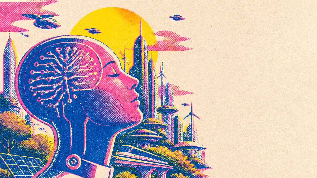 Futuristic space scene with Earth, astronaut, flying cars, and a ticket to Mars for $1,200 displayed against a starry…