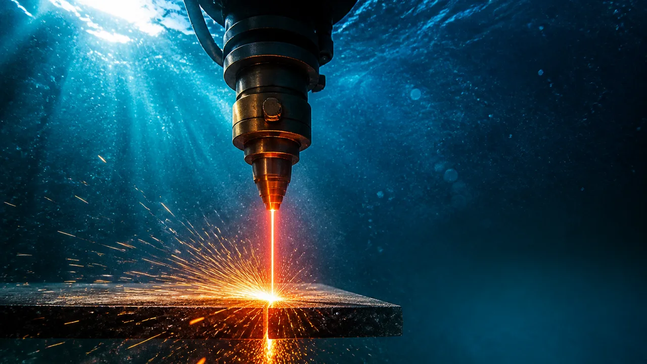 Man in blue shirt with hand on chin next to laser cutting equipment with bright orange sparks on metal surface
