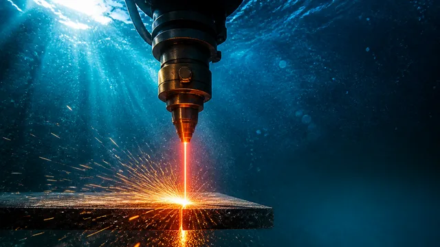Man in blue shirt with hand on chin next to laser cutting equipment with bright orange sparks on metal surface