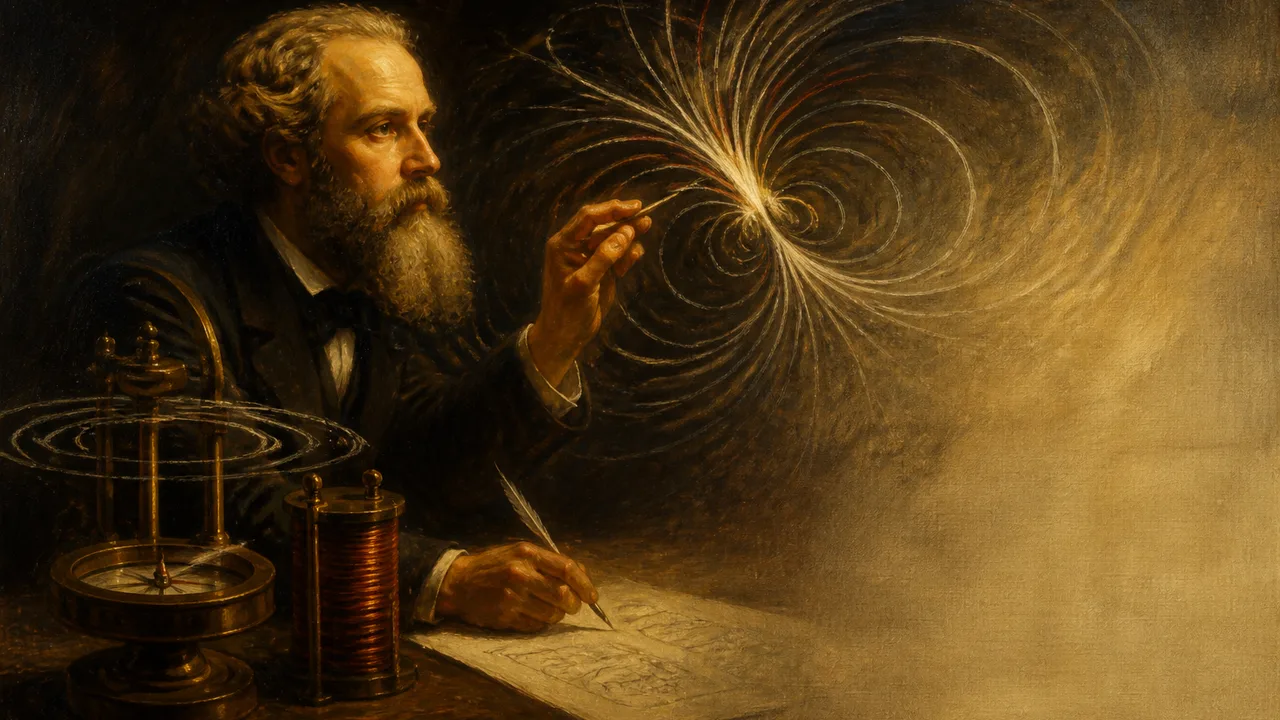 Two metallic plates with glowing blue lines of electric force between them, labeled "The Missing Link" with a downward…
