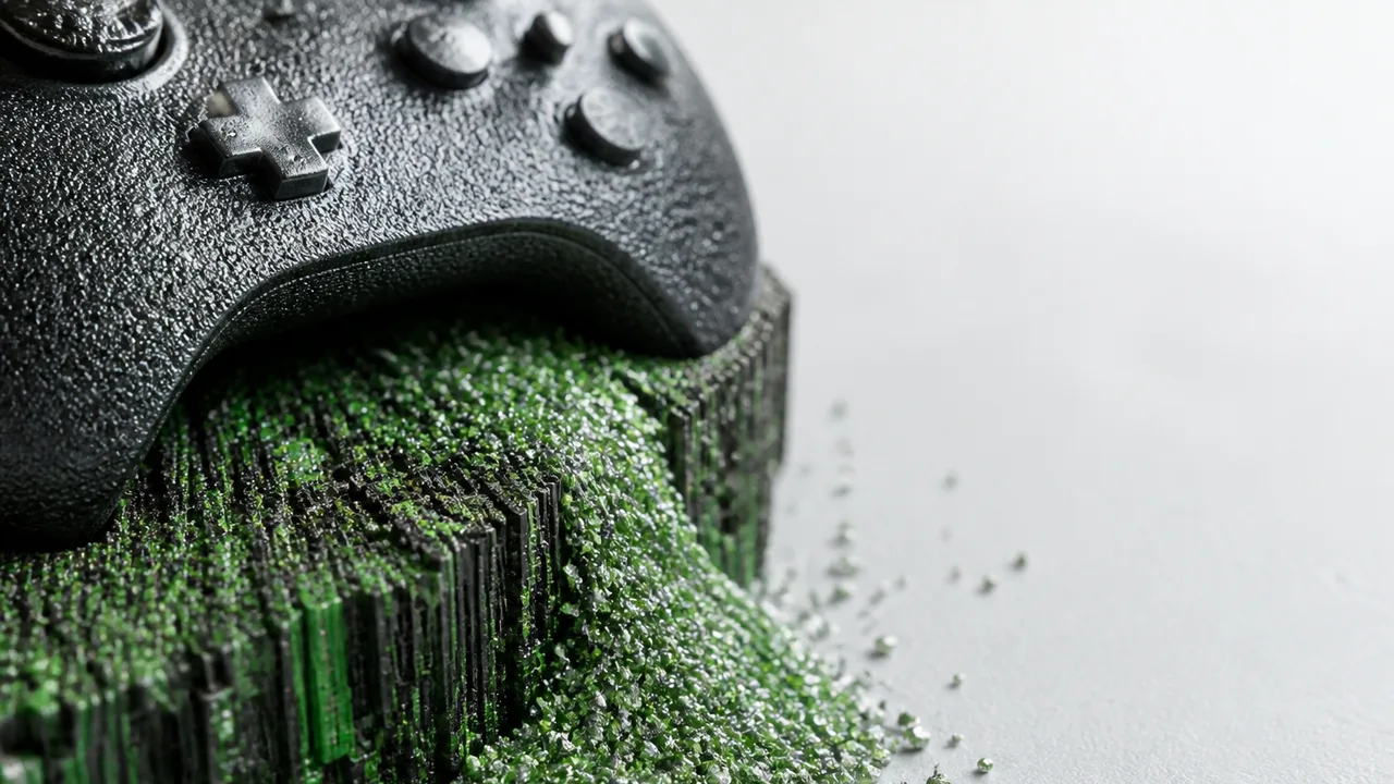 Timeline showing Xbox console evolution from 2001-2026 across four generations with gameplay footage and controllers,…