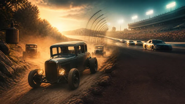 Racing stock cars with "BOSCH" branding drift on a track with NASCAR logo and History Channel watermark visible