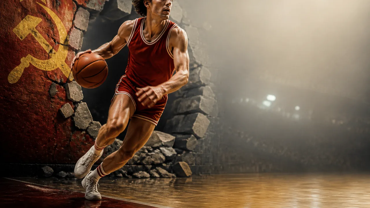 Black and white photo of two basketball players facing each other with Soviet and American flag symbols, text reading…