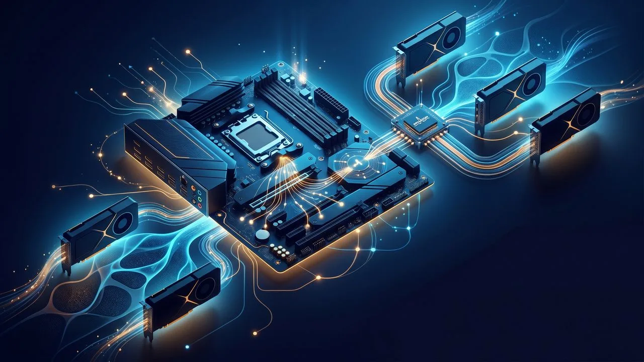 Man in glasses discusses computer hardware with GPU specifications and circuit board imagery in background, text reads "The…