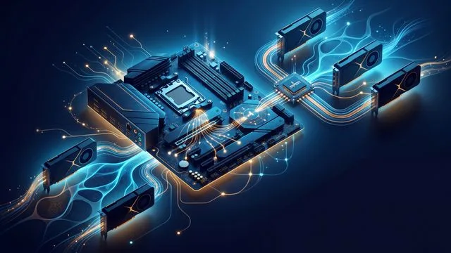 Man in glasses discusses computer hardware with GPU specifications and circuit board imagery in background, text reads "The…