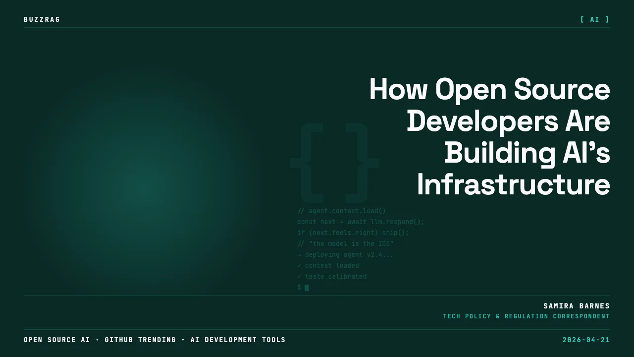 Developer analyzing code on multiple monitors with neon purple and orange lighting displaying "35 Trending Open-Source…