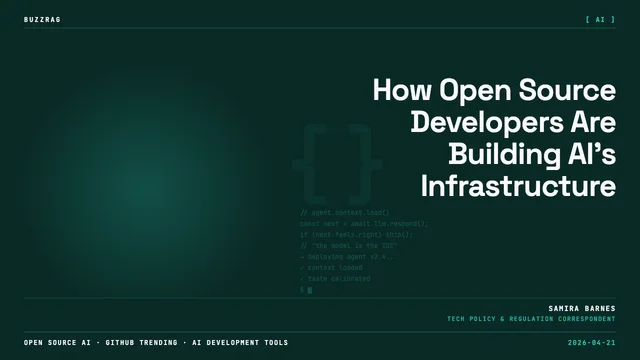Developer analyzing code on multiple monitors with neon purple and orange lighting displaying "35 Trending Open-Source…
