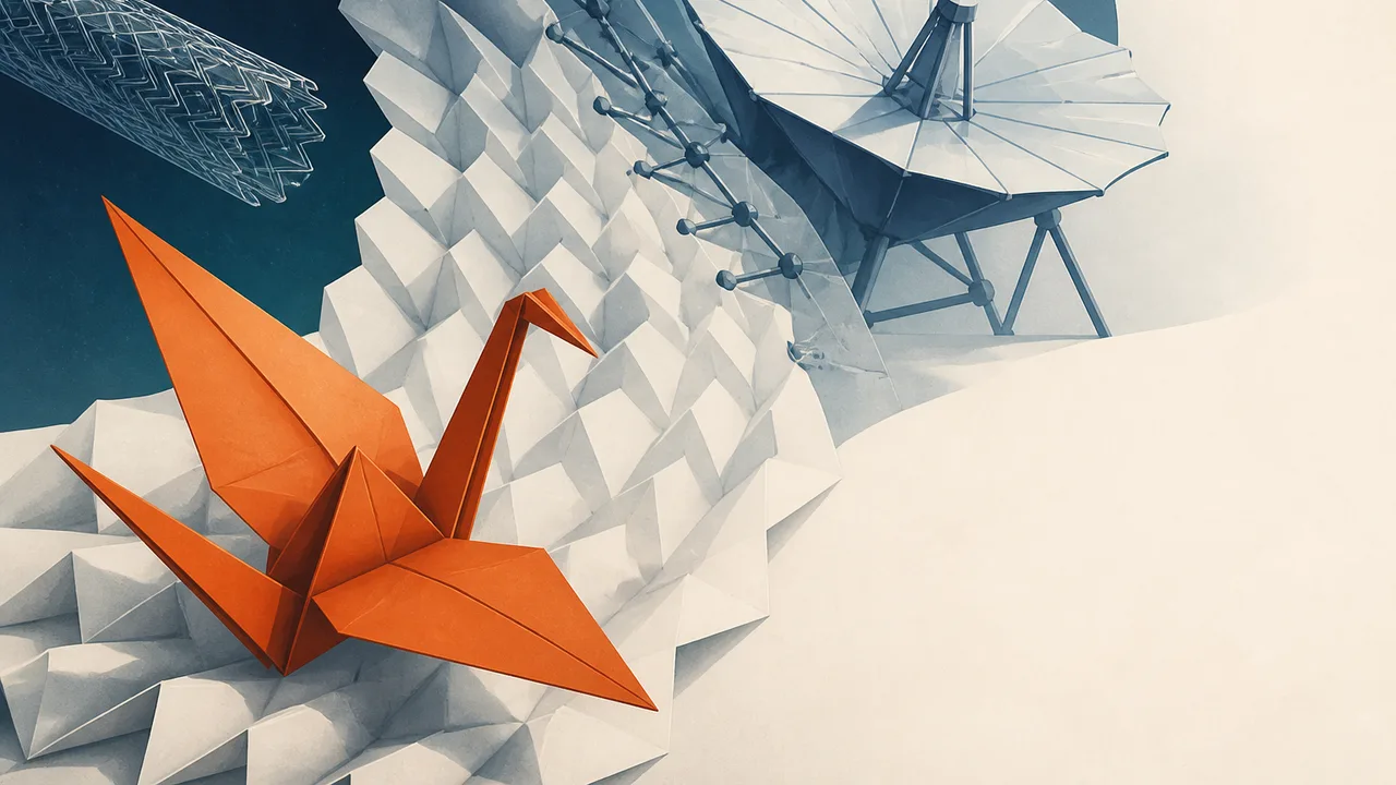 Woman smiling at camera with colorful origami models on left and James Webb Space Telescope with yellow hexagonal segments…