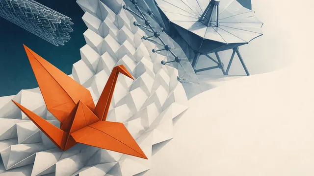 Woman smiling at camera with colorful origami models on left and James Webb Space Telescope with yellow hexagonal segments…