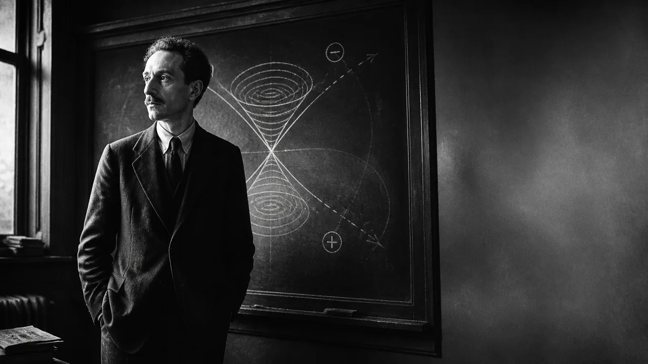 A man in vintage clothing stands at a blackboard displaying "ANTIMATTER" with glowing neon symbols representing matter and…