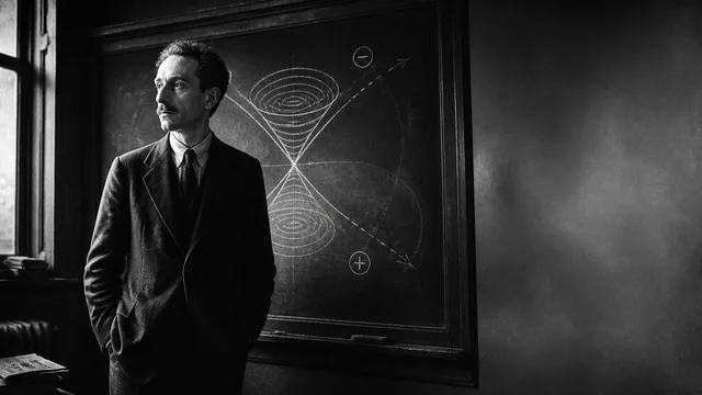 A man in vintage clothing stands at a blackboard displaying "ANTIMATTER" with glowing neon symbols representing matter and…