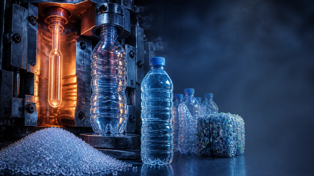 Industrial factory floor with automated machinery filling clear plastic water bottles on blue conveyor belts under bright…