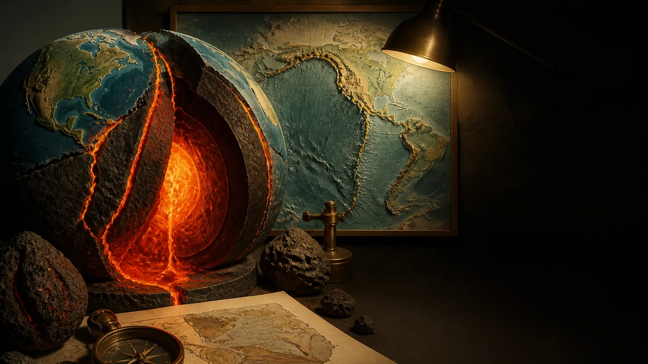A smiling educator wearing glasses and a tan cardigan stands before a colorful map showing Earth's tectonic plates labeled…