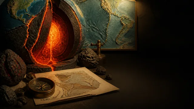 A smiling educator wearing glasses and a tan cardigan stands before a colorful map showing Earth's tectonic plates labeled…